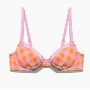 Savage X Fenty Gingham Playful Pink and Orange Plaid Underwire Plunge Bra 36C